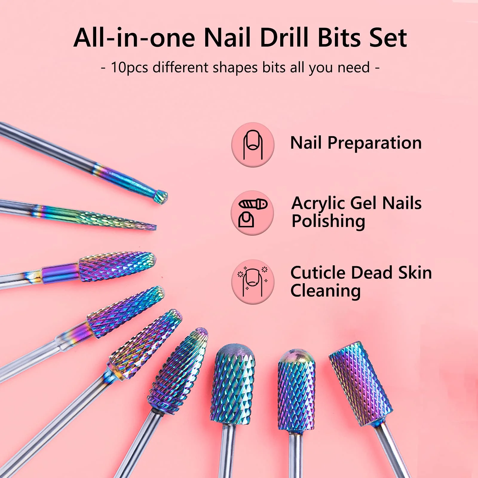 New Colorful Tungsten Carbide Nail Drill Bits Set (10pcs) - Image 2